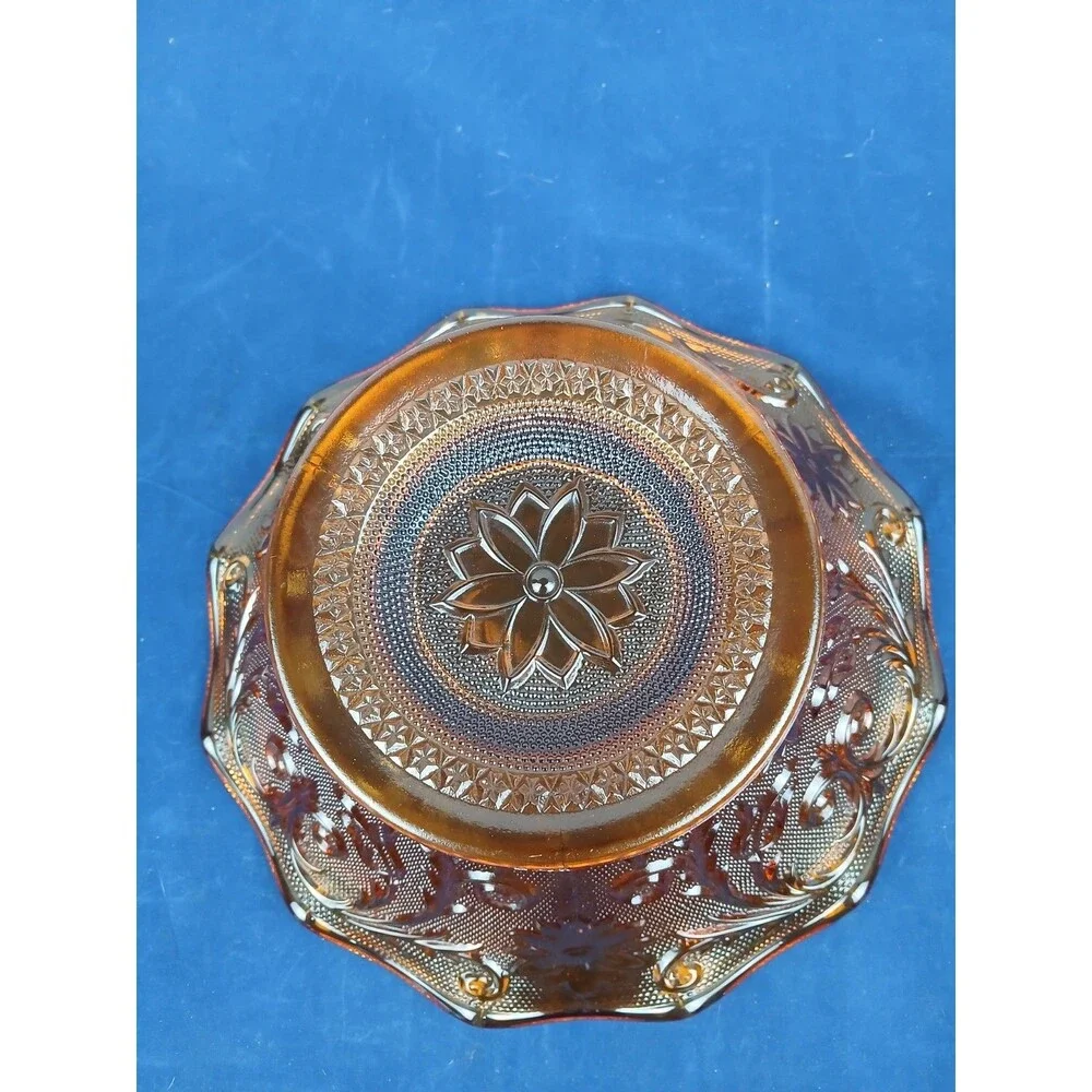 Indiana Glass Co Amber Tiara Glass Ruffled Console Fruit Bowl Footed 10” x 5”